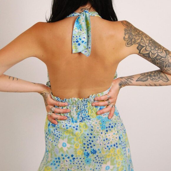 Floral Halter Dress (S/M) vintage 90s blue impressionist small - Picture 6 of 7
